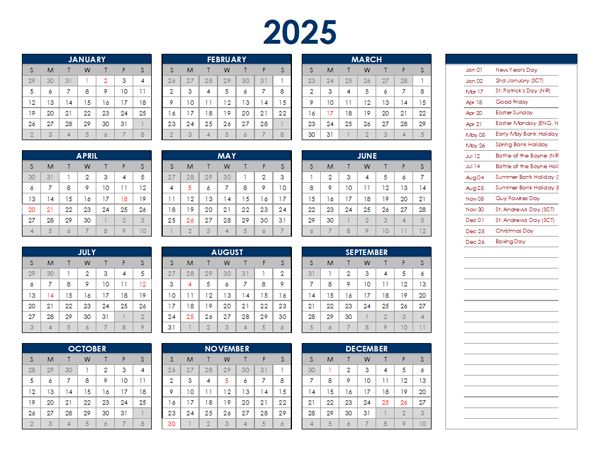 2025 UK Annual Calendar with Holidays