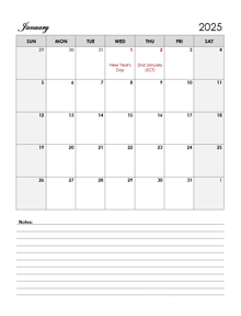 2025 UK Calendar Template Large Boxes