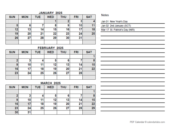 2025 UK Quarterly Calendar with Holidays