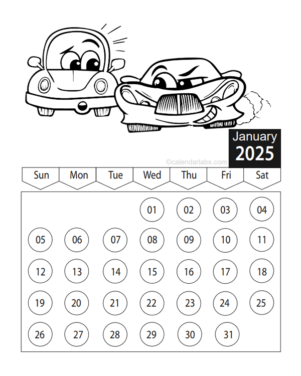 2025 Vehicle Coloring Calendar