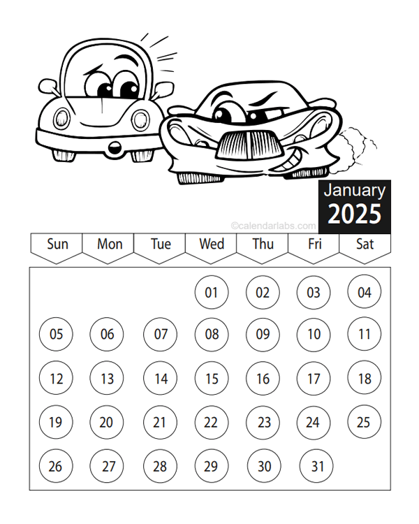 2025 Vehicle Coloring Calendar Free Printable Templates