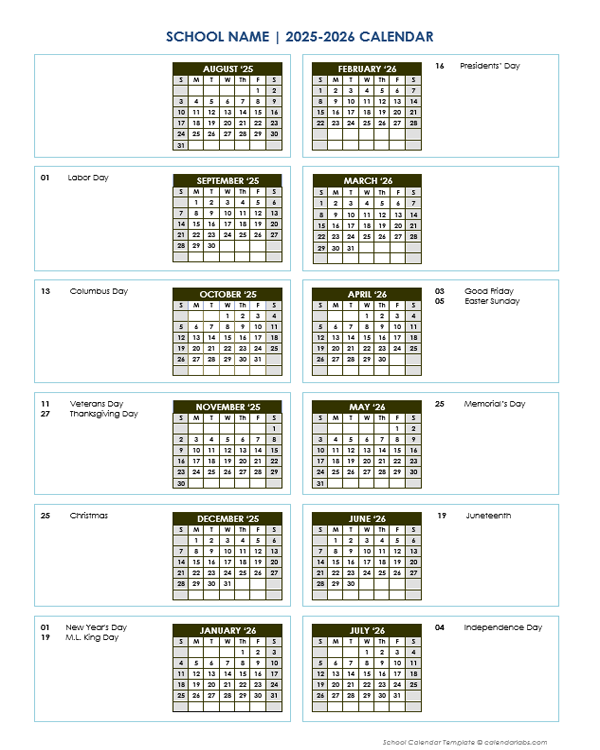 2025 Vertical Yearly Calendar Aug-July