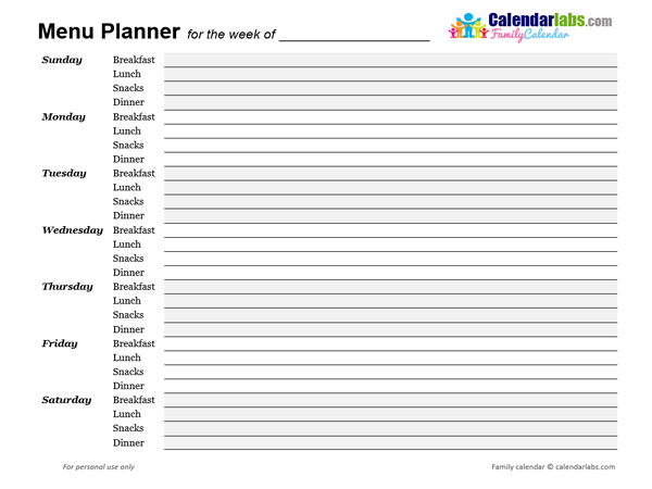 2025 Weekly Menu Planner