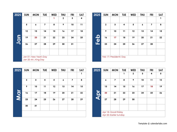 2025 Word Calendar Four Months Per Page