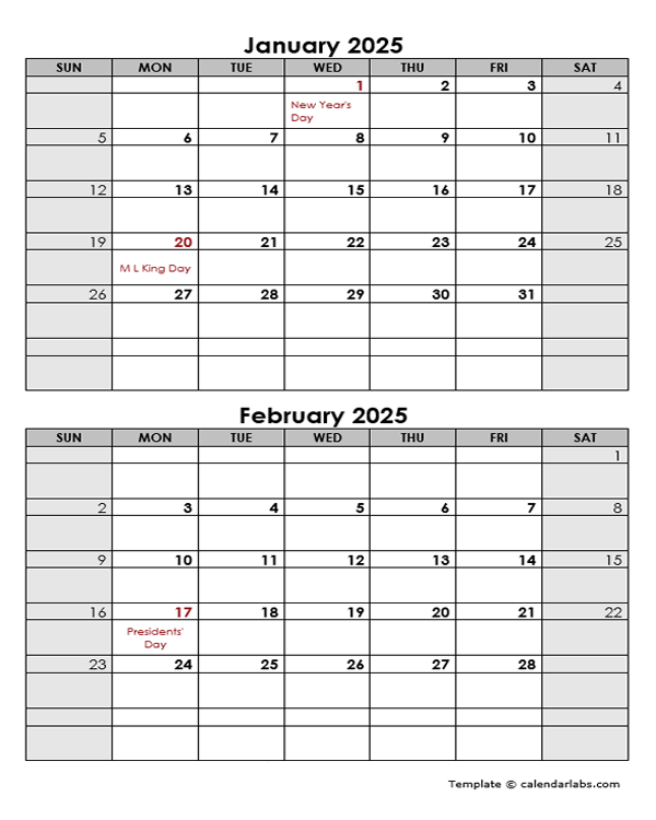 2025 Word Calendar Template Two Months In One Page