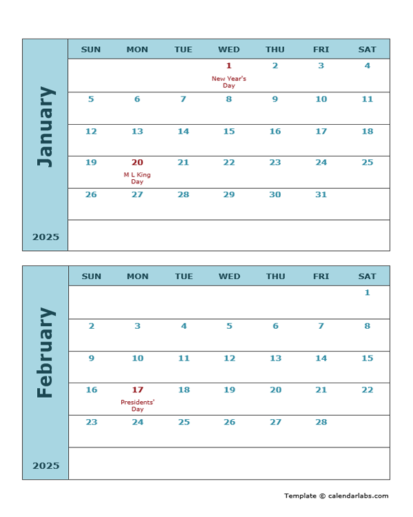 2025 Word Calendar Two Months Per Page