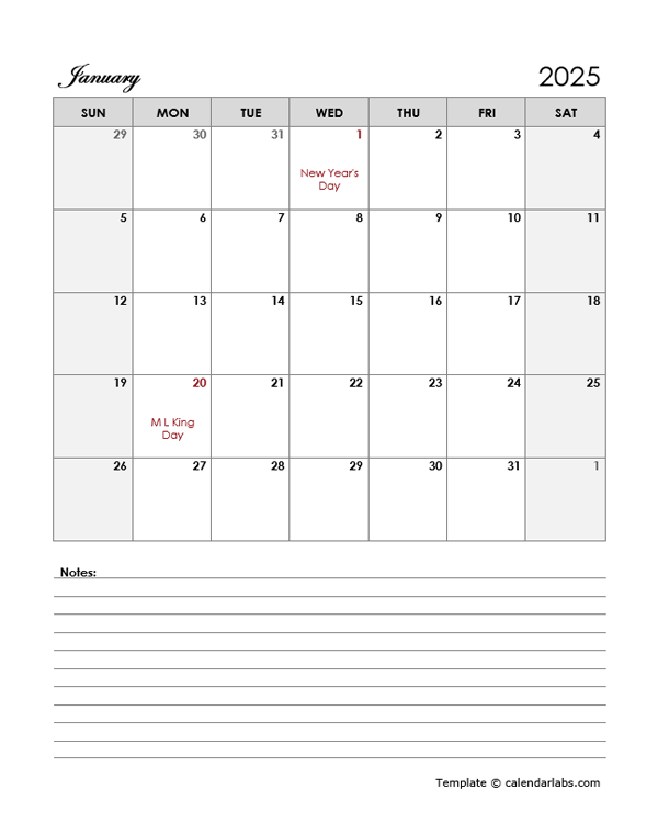 2025 Word Calendar Template With Notes