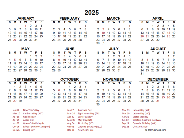 2025 Year at a Glance Calendar with Australia Holidays