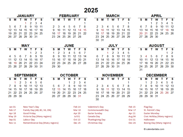 2025 Year at a Glance Calendar with Canada Holidays