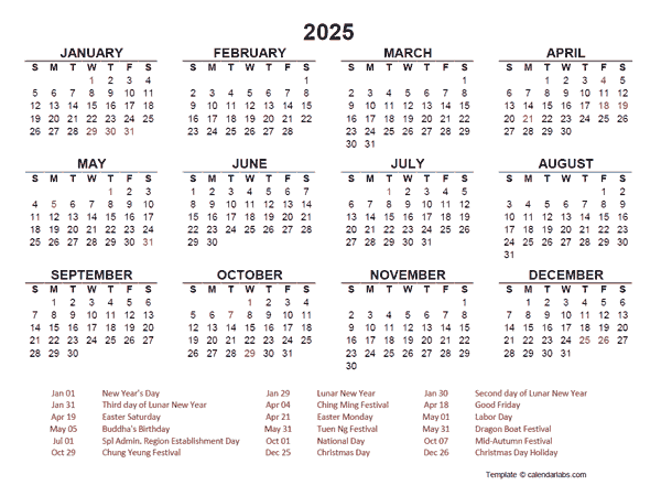 2025 Year at a Glance Calendar with Hong Kong Holidays