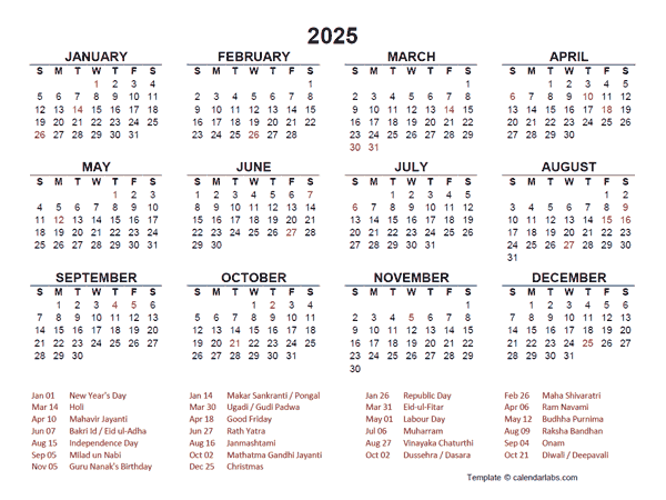 2025 Year at a Glance Calendar with India Holidays