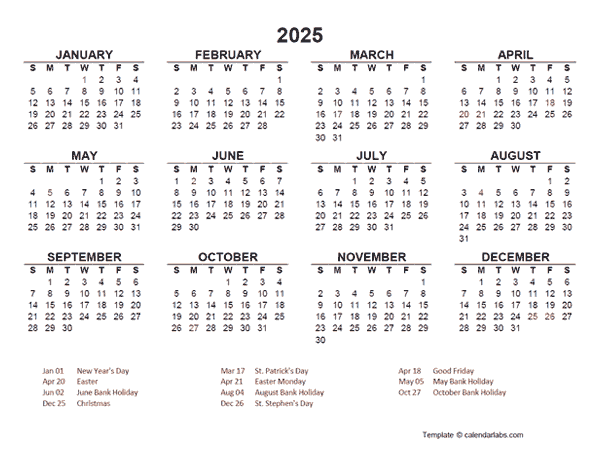 2025 Year at a Glance Calendar with Ireland Holidays