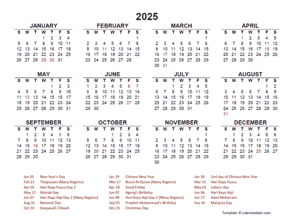 2025 Year at a Glance Calendar with Malaysia Holidays