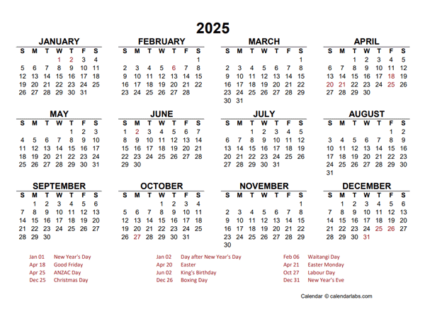 2025 Year at a Glance Calendar with New Zealand Holidays
