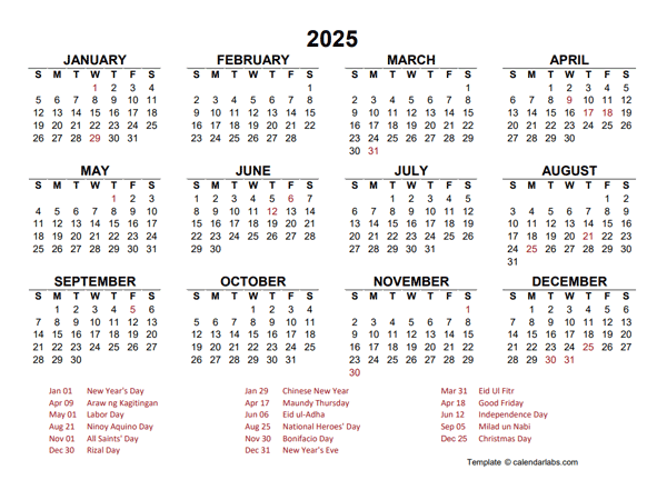 2025 Year at a Glance Calendar with Philippines Holidays