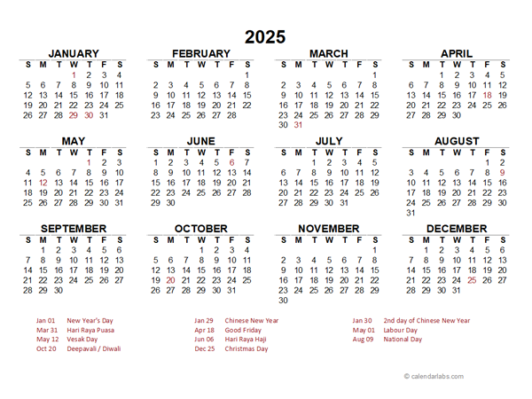 2025 Year at a Glance Calendar with Singapore Holidays