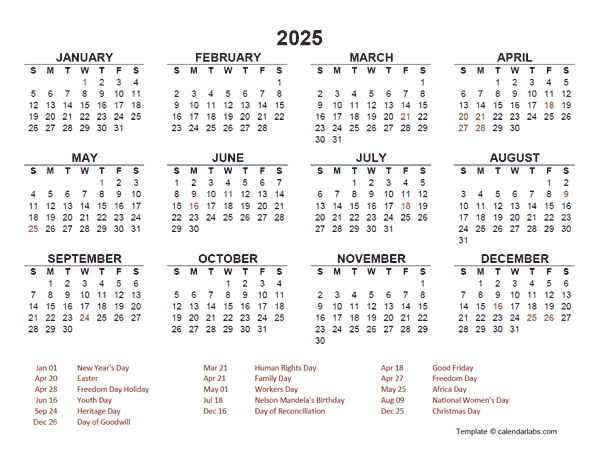 2025 Year at a Glance Calendar with South Africa Holidays
