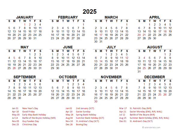 2025 Year at a Glance Calendar with UK Holidays