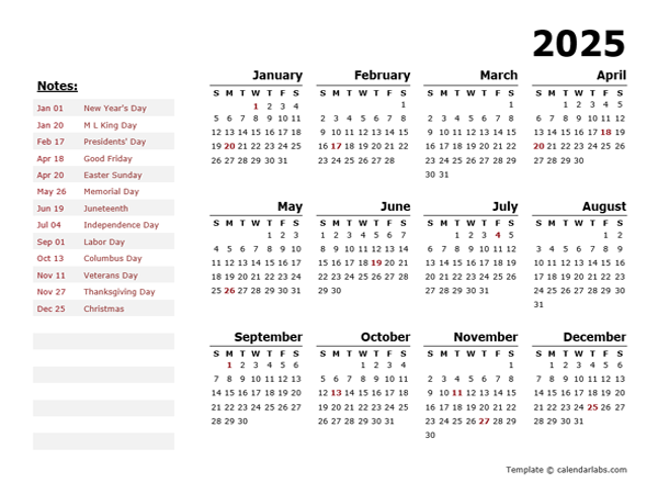 2025 Yearly Calendar Template With US Holidays