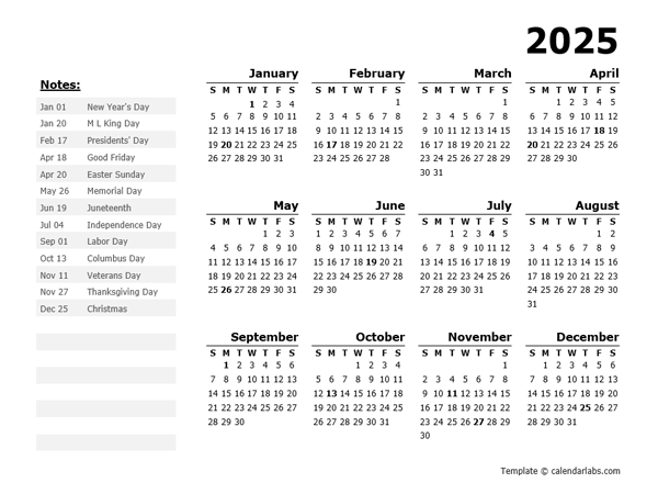 2025 Year Calendar Template with US Holidays