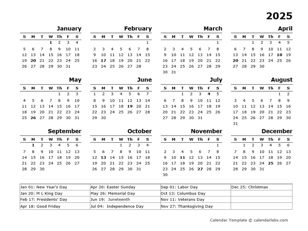 2025 Yearly Calendar Template With US Holidays