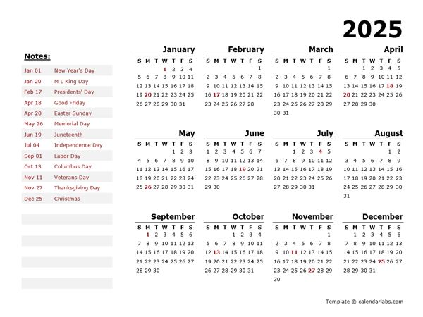 2025 Year Calendar Word Template With Holidays