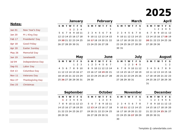 2025 Year Calendar Word Template With Holidays - Free Printable Templates