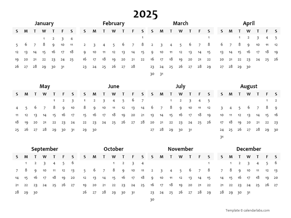 2025 Yearly Blank Calendar Template