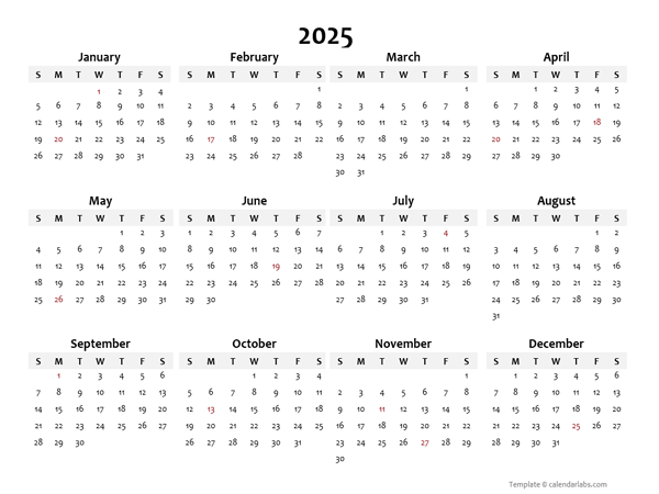 2025 Yearly Blank Calendar Template