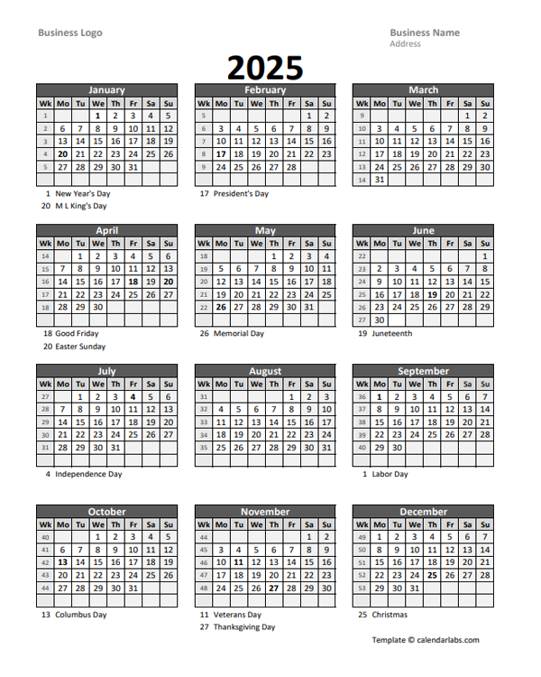2025 Yearly Business Calendar With Week Number