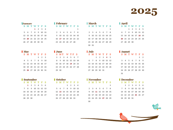 2025 Yearly Calendar Bird Template