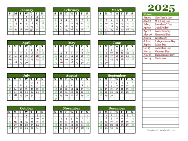 Editable 2025 Yearly Calendar Landscape