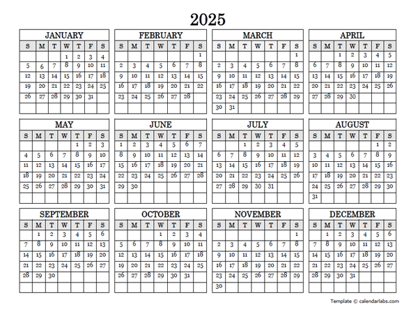 2025 Blank Yearly Calendar Landscape