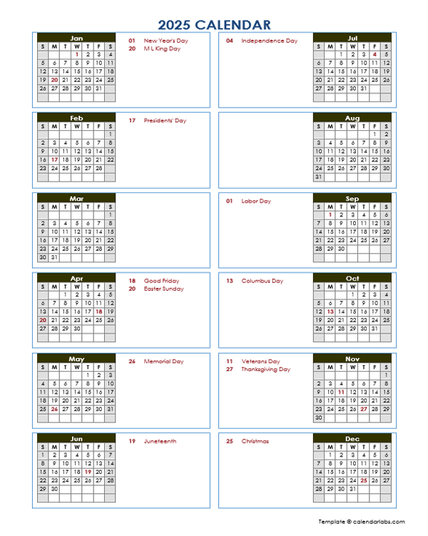2025 Yearly Calendar Template Vertical Design
