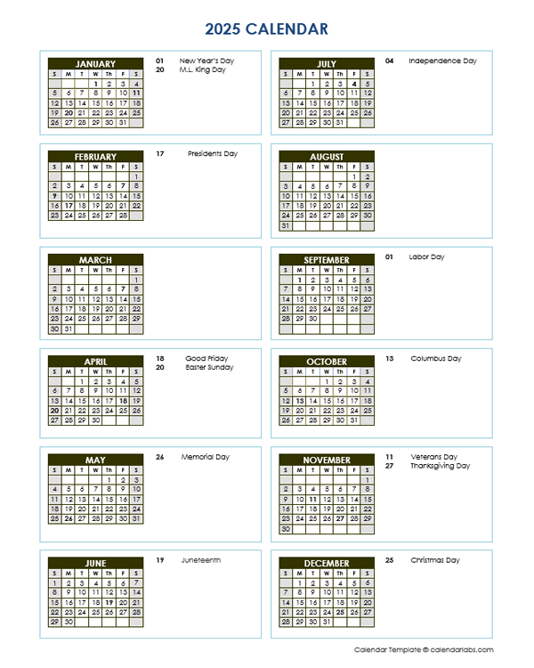 2025 Full Year Calendar Vertical Template