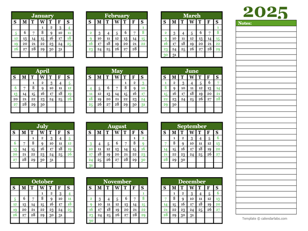 2025 Yearly Calendar With Blank Notes