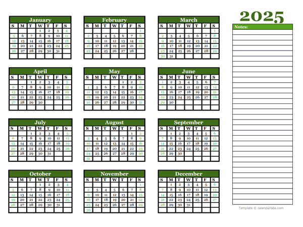 2025 Yearly Calendar With Blank Notes