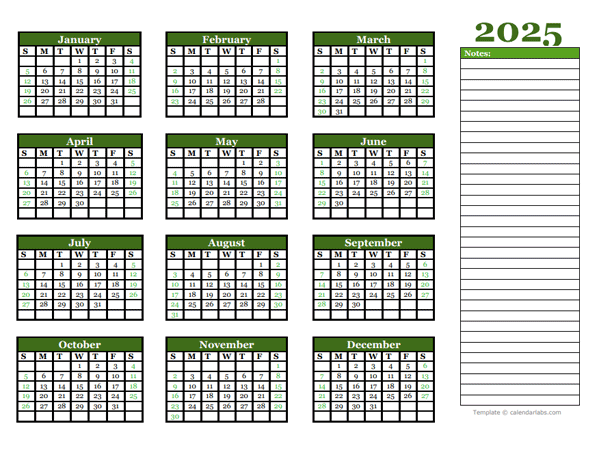 2025 Yearly Calendar With Blank Notes - Free Printable Templates