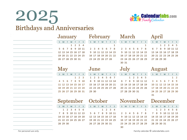 2025 Yearly Family Calendar - Free Printable Templates