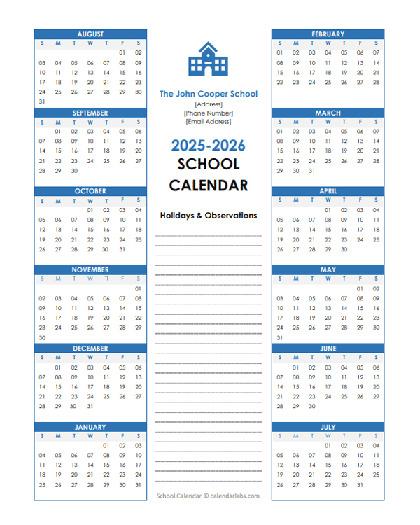 2025 Yearly Free Editable School Aug-Jul Calendar