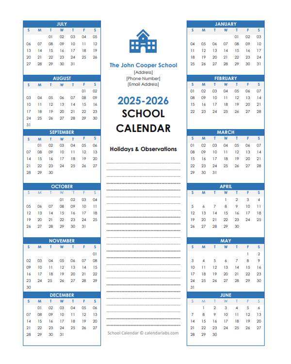 2025 Yearly Free Editable School Jul-Jun Calendar