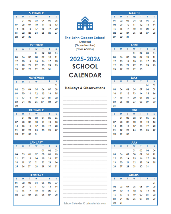 2025 Yearly Free Editable School Sep-Aug Calendar