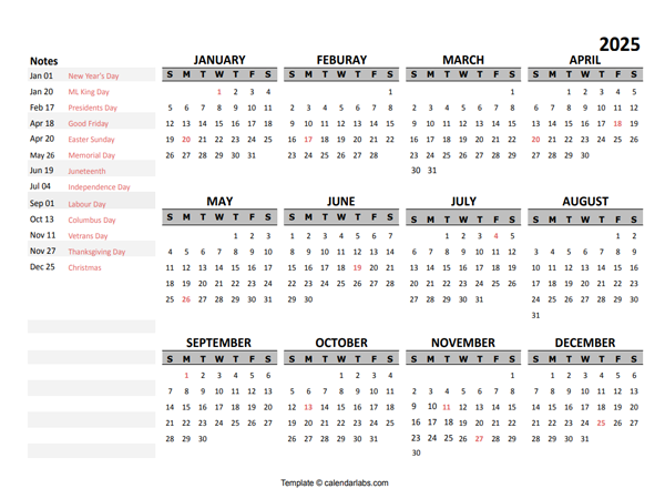 2025 Yearly Google Docs Calendar Template