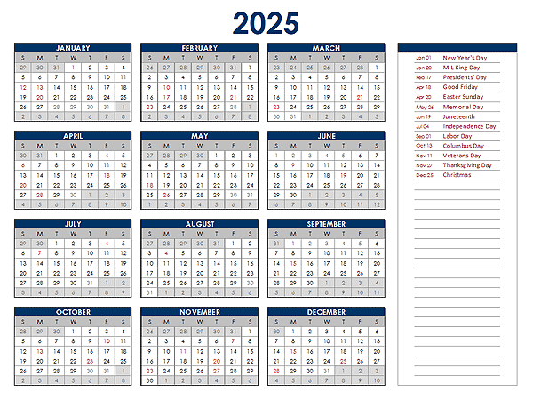 2025 Yearly PDF One Page Calendar