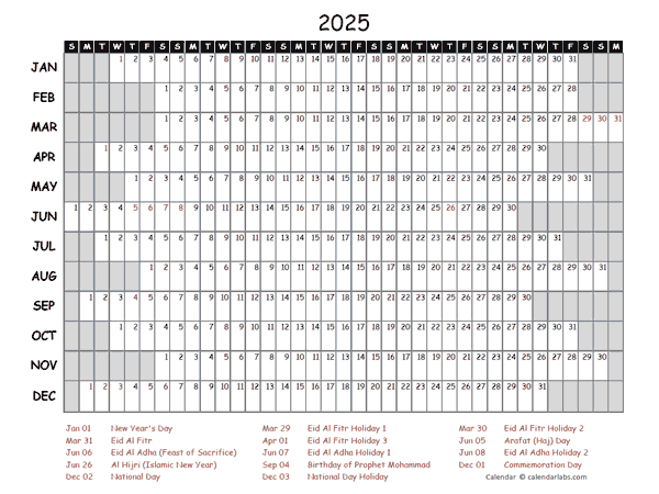 2025 Yearly Project Timeline Calendar UAE