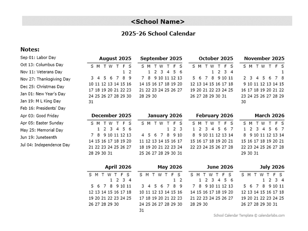 2025 Yearly School Aug-Jul Calendar With Holidays