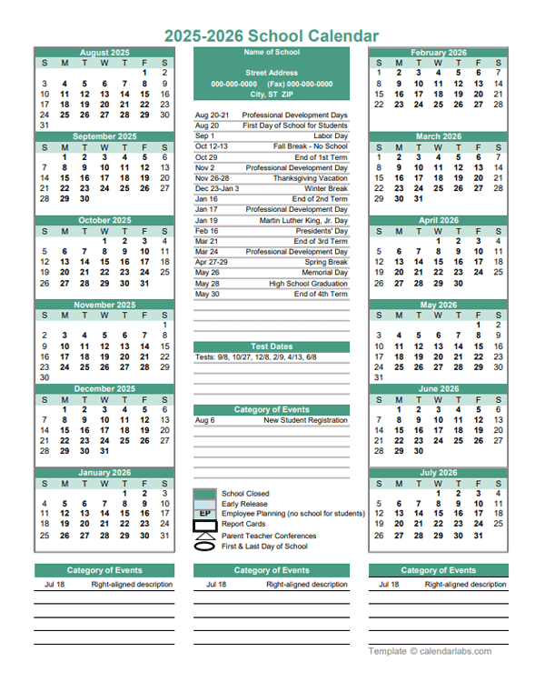 2025 Yearly School Calendar Template Editable Aug-Jul
