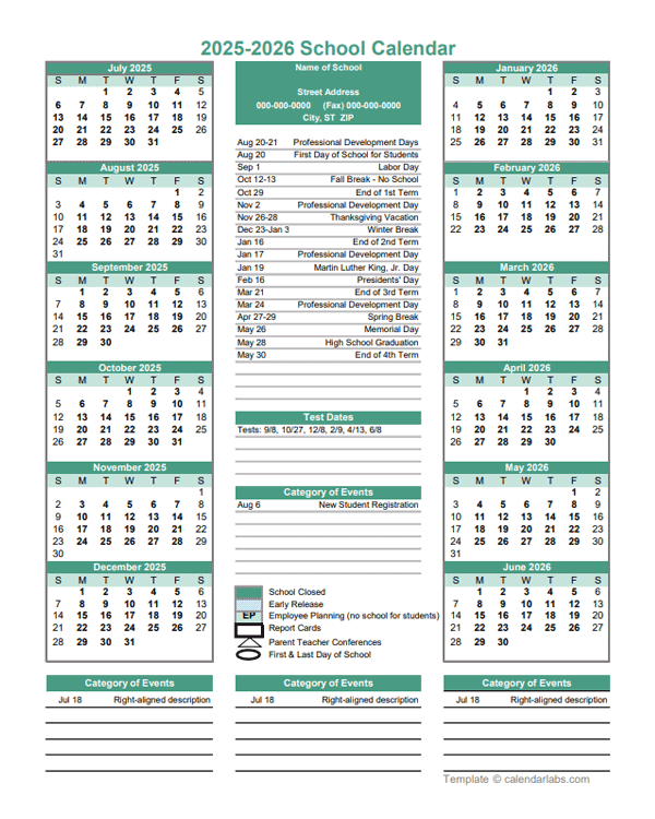 2025 Yearly School Calendar Template Editable Jul-Jun