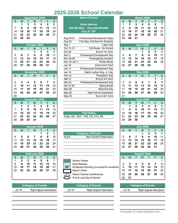 2025 Yearly School Calendar Template Editable Sep-Aug