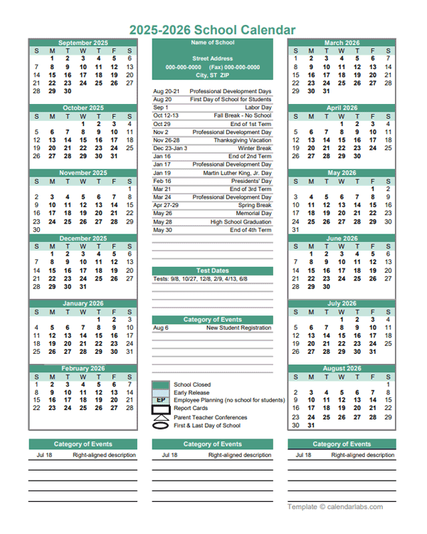 2025 Yearly School Calendar Template Editable Sep-Aug - Free Printable Templates